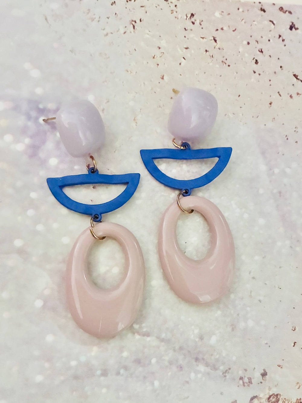 Purple acrylic unique earrings, mid century modern style